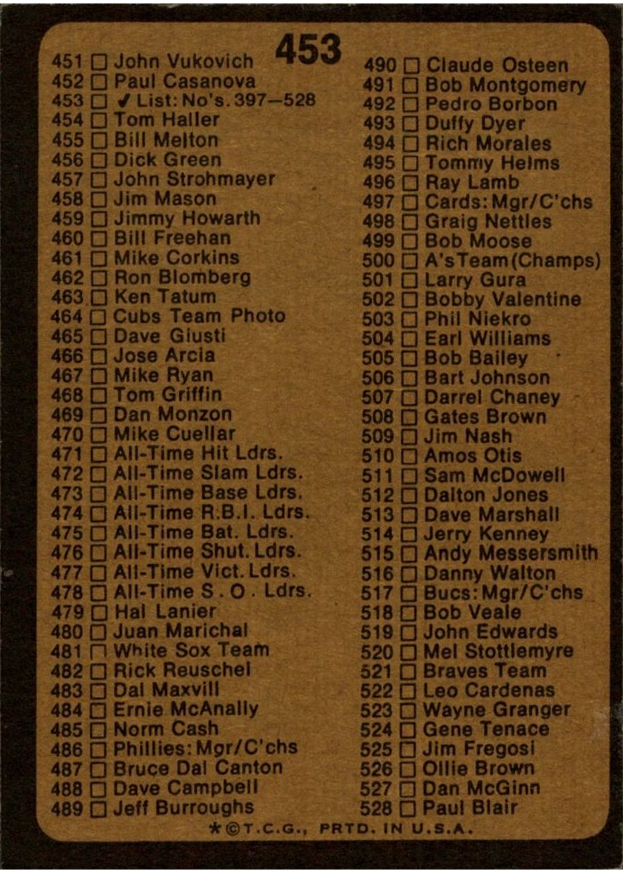 1973 Topps #453 Checklist: 397-528 card back