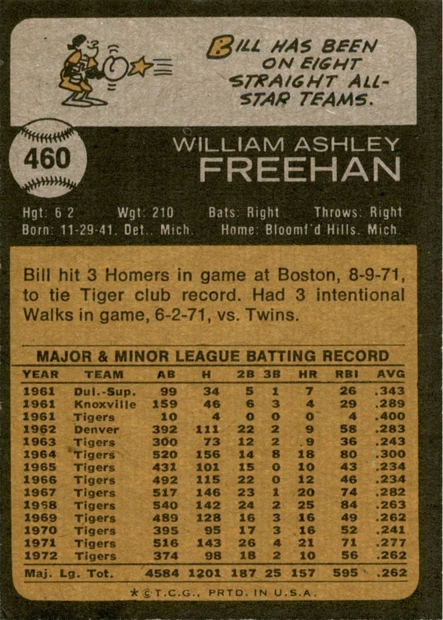 1973 Topps #460 Bill Freehan card back