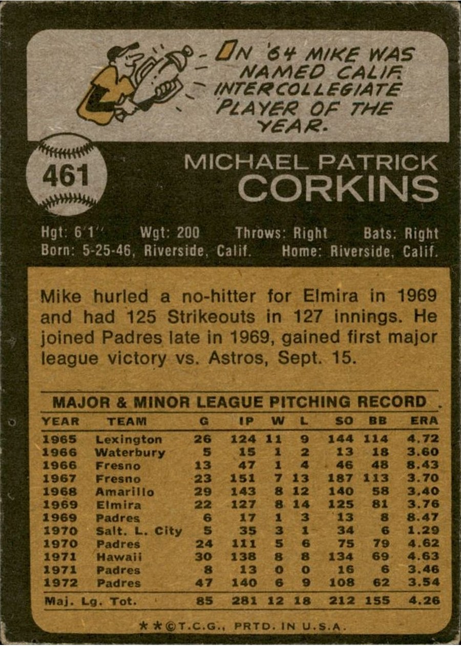 1973 Topps #461 Mike Corkins card back