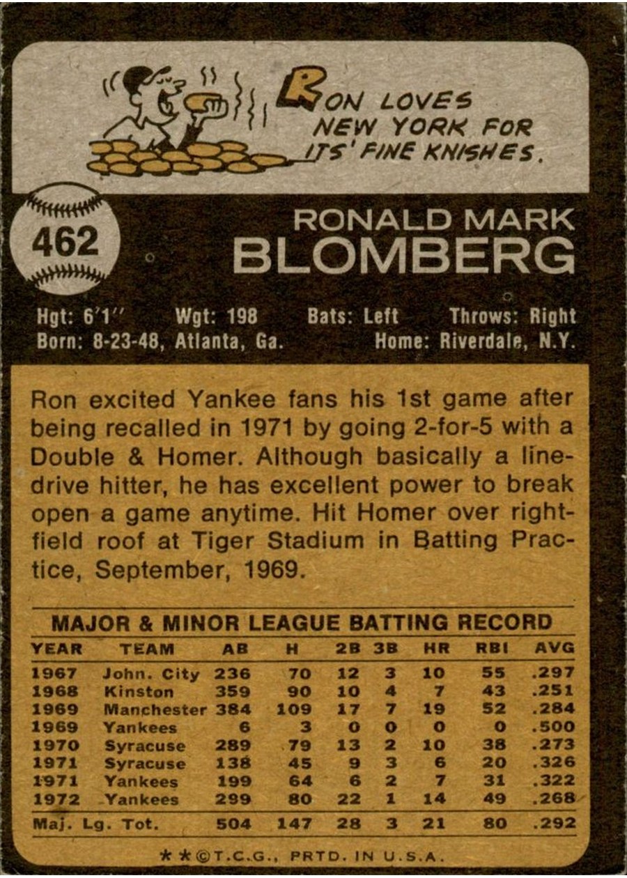 1973 Topps #462 Ron Blomberg card back