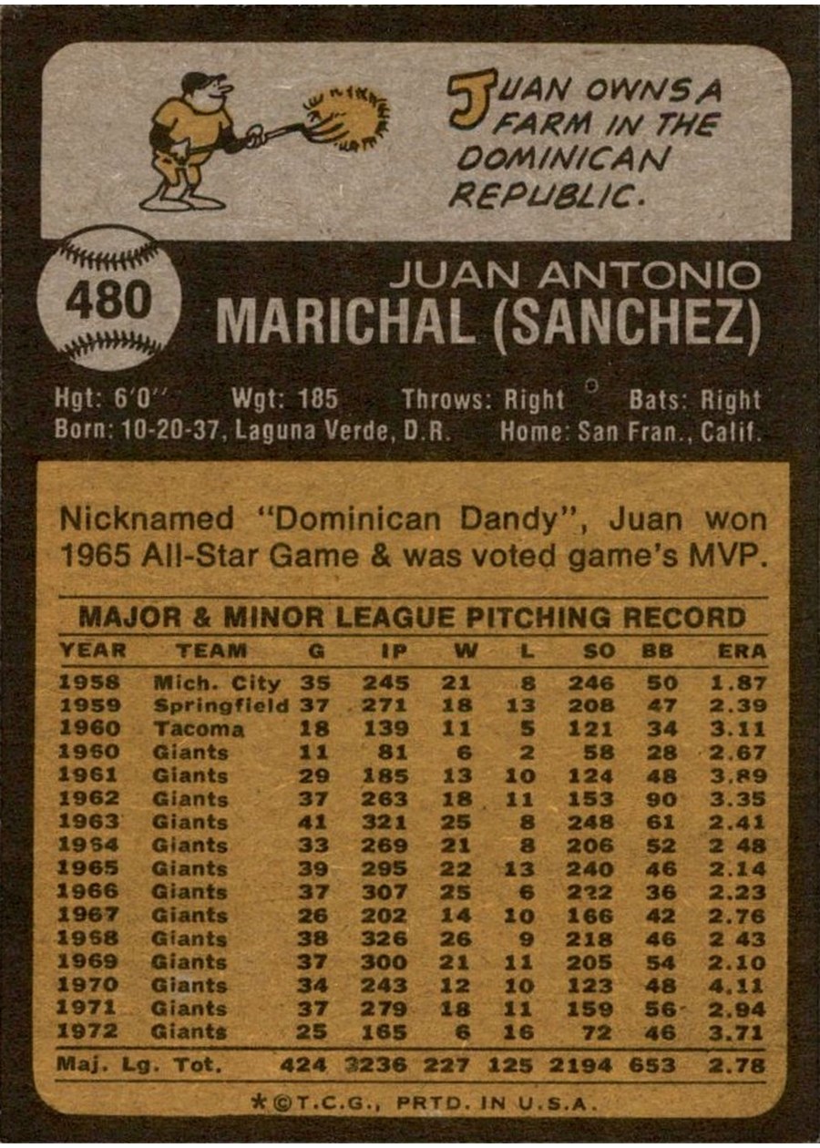 1973 Topps #480 Juan Marichal card back