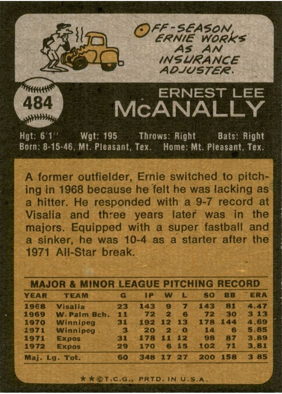 1973 Topps #484 Ernie McAnally card back