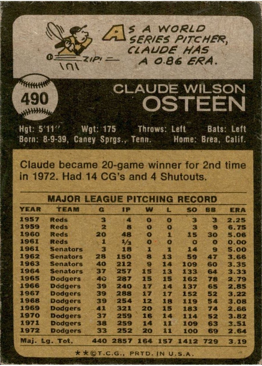 1973 Topps #490 Claude Osteen card back