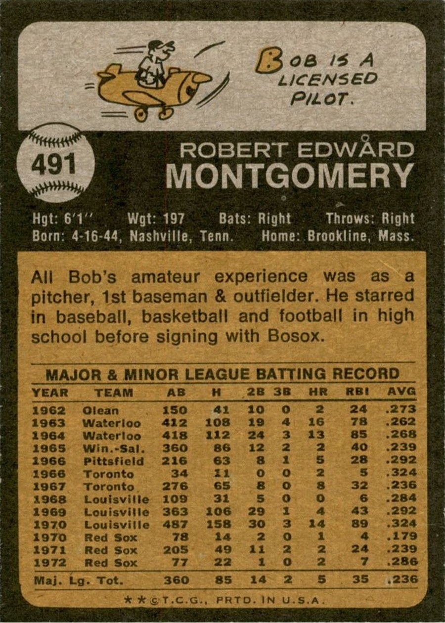 1973 Topps #491 Bob Montgomery card back
