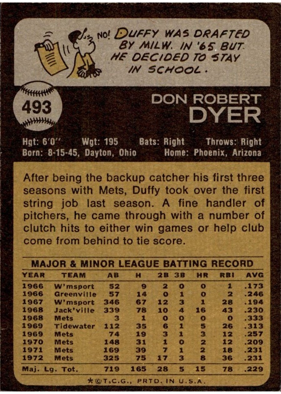 1973 Topps #493 Duffy Dyer card back