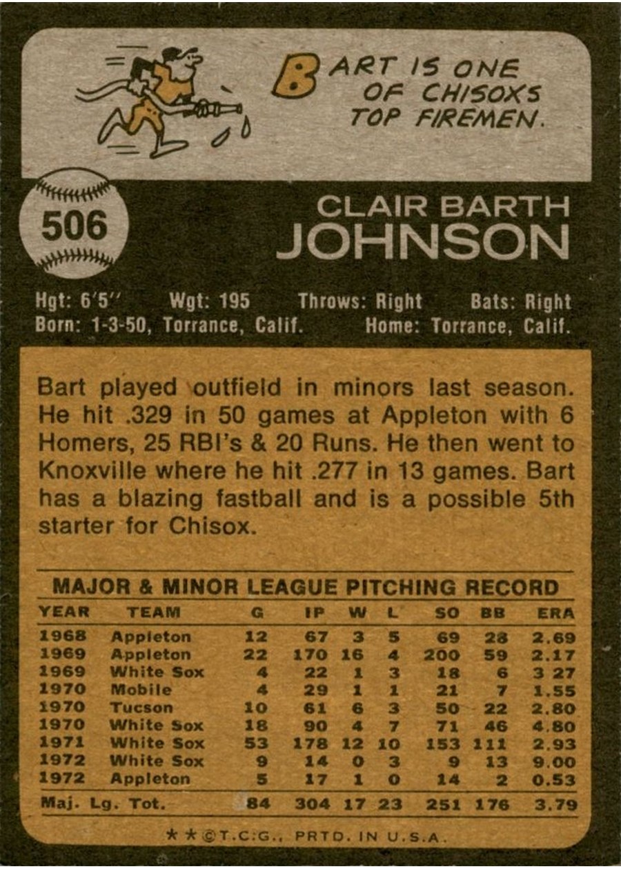 1973 Topps #506 Bart Johnson card back