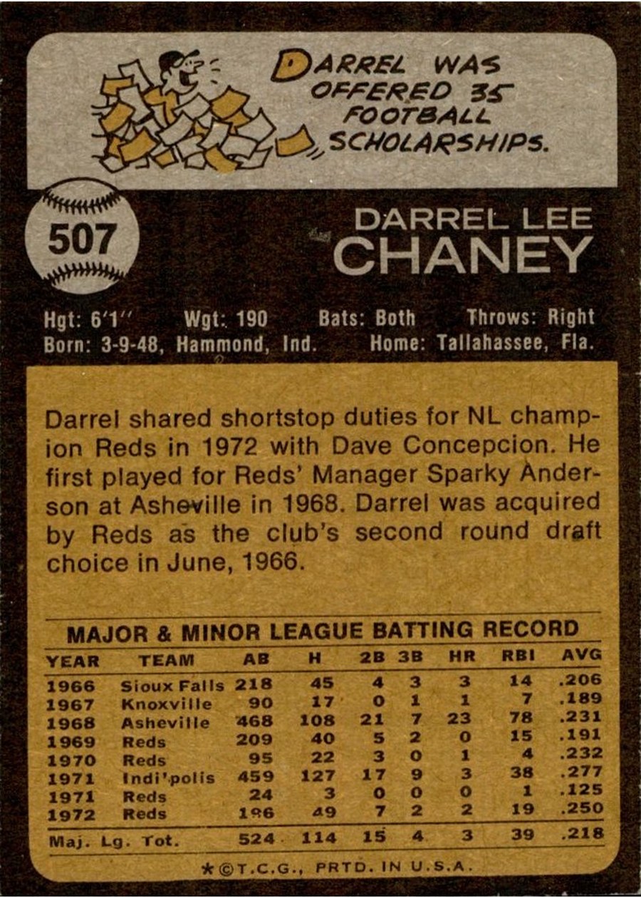 1973 Topps #507 Darrel Chaney card back