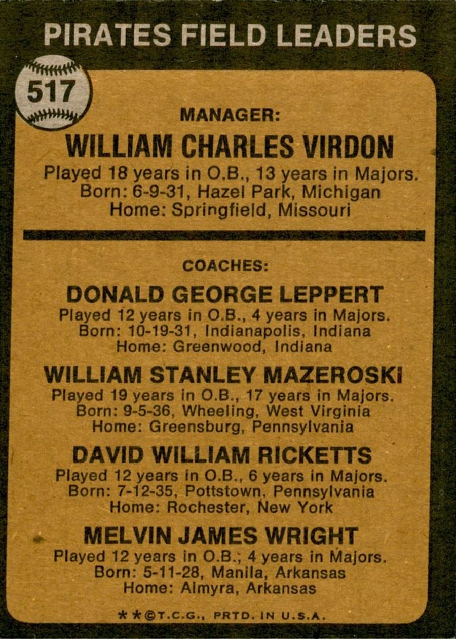 1973 Topps #517 Pirates Field Leaders card back