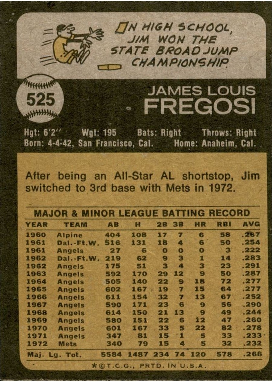 1973 Topps #525 Jim Fregosi card back