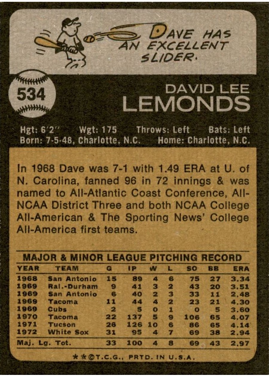 1973 Topps #534 Dave Lemonds card back