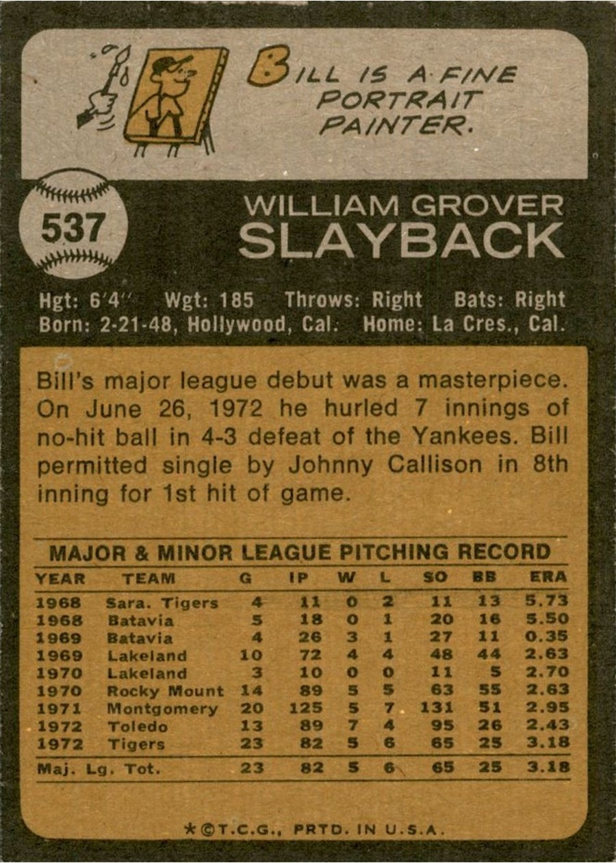 1973 Topps #537 Bill Slayback card back