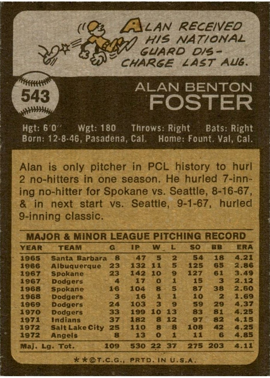 1973 Topps #543 Alan Foster card back