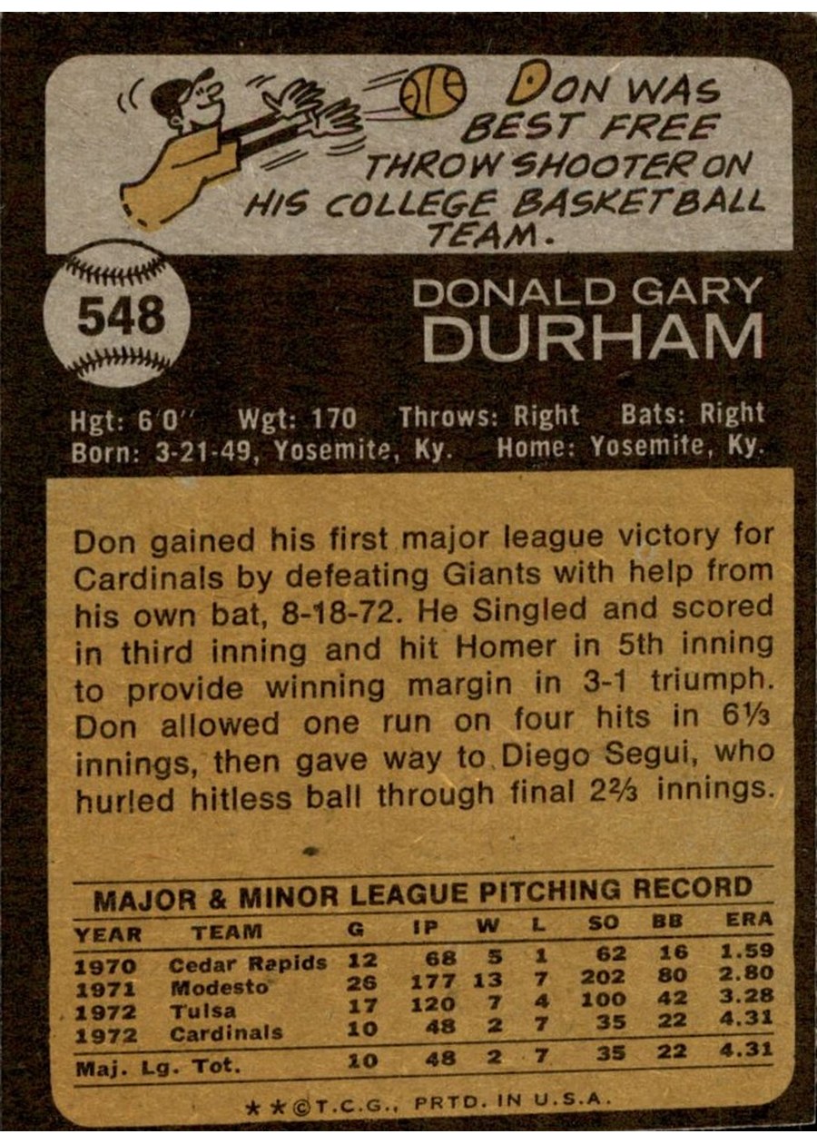 1973 Topps #548 Don Durham card back