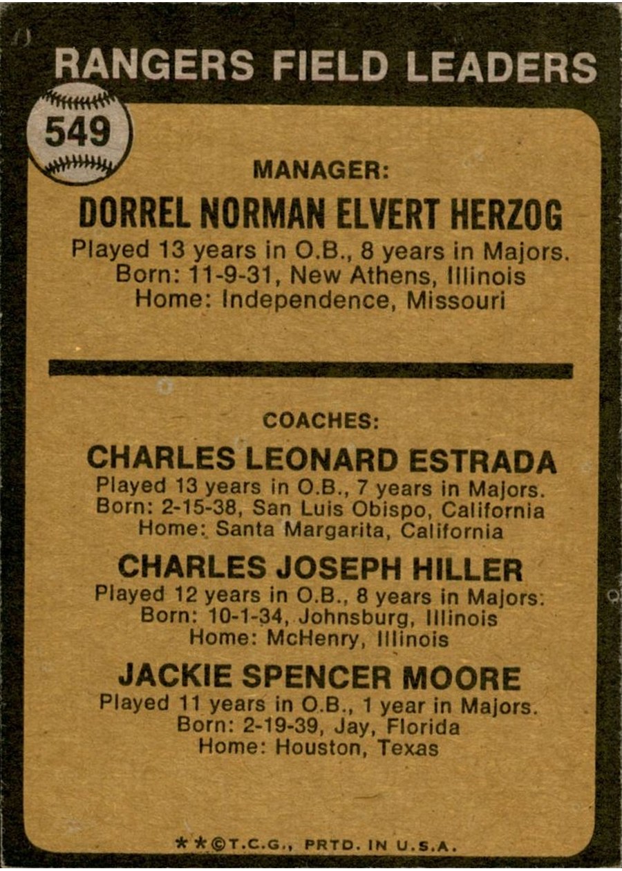 1973 Topps #549 Rangers Field Leaders card back