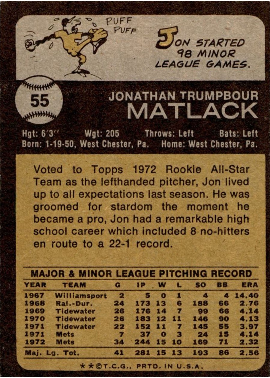 1973 Topps #55 Jon Matlack card back