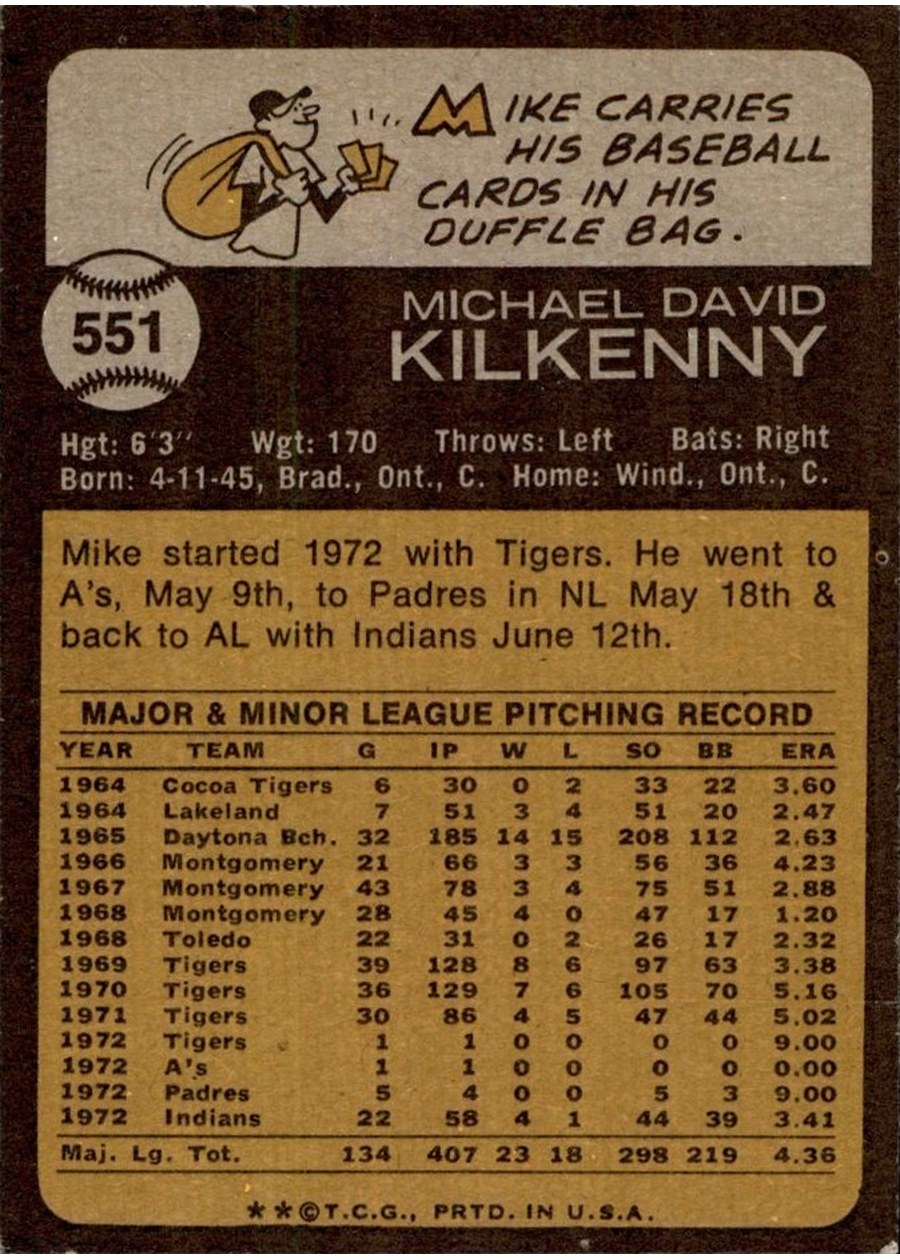 1973 Topps #551 Mike Kilkenny card back