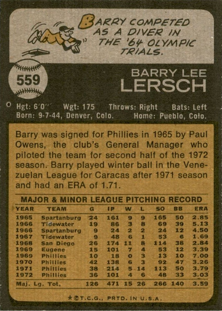 1973 Topps #559 Barry Lersch card back