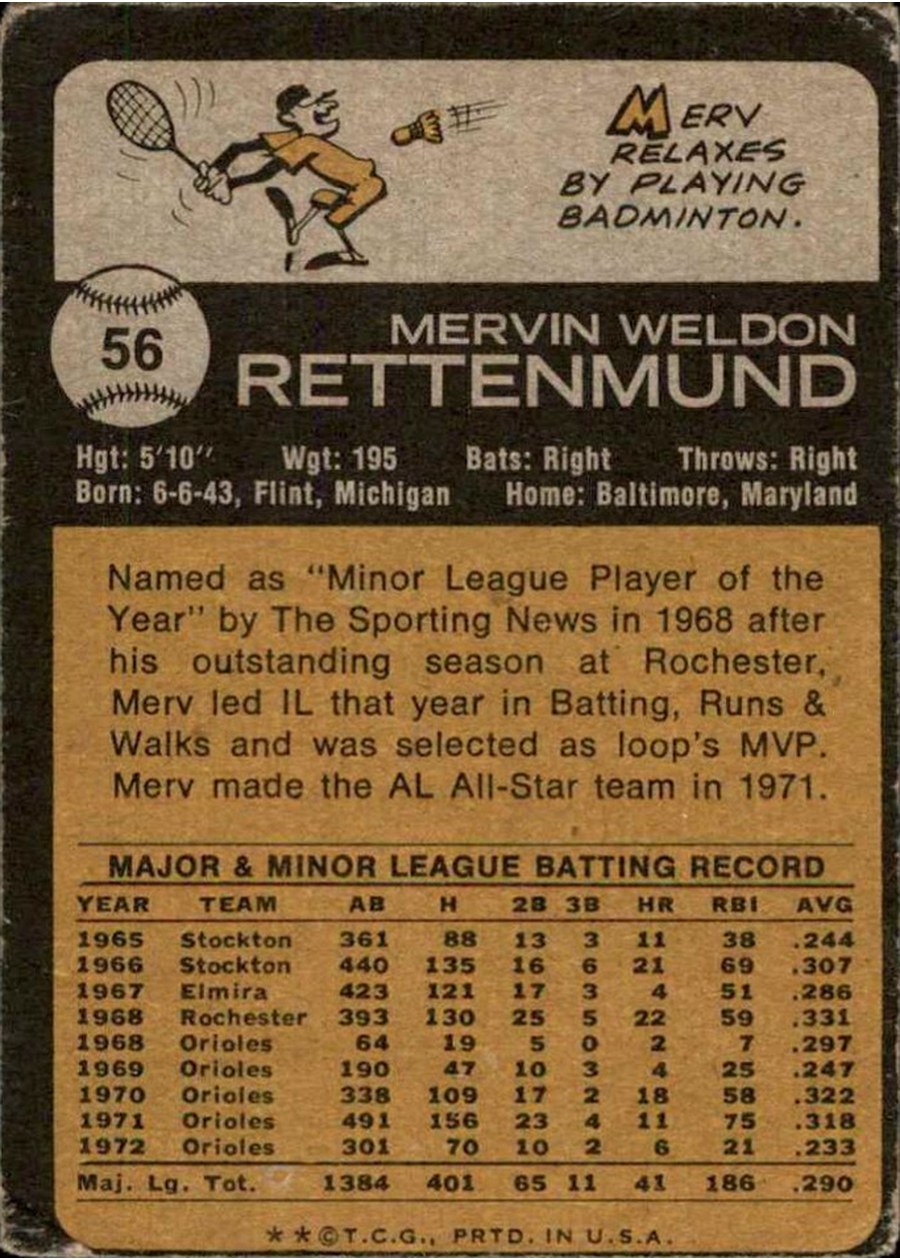 1973 Topps #56 Merv Rettenmund card back