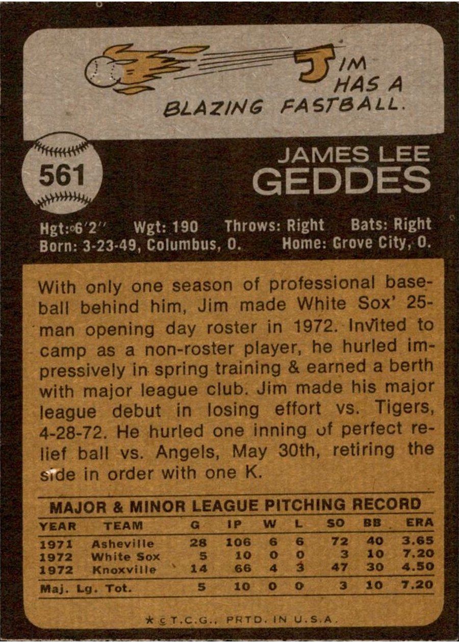 1973 Topps #561 Jim Geddes card back