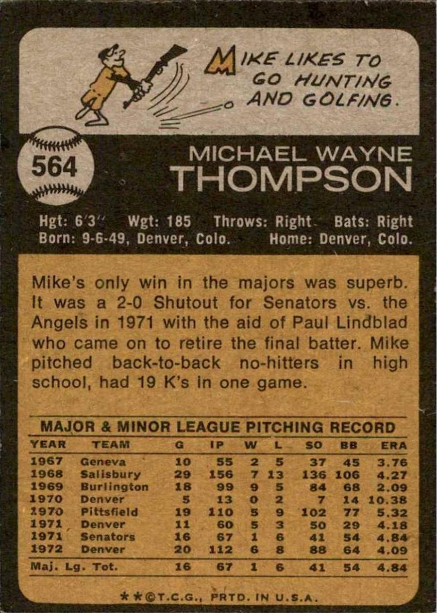 1973 Topps #564 Mike Thompson card back