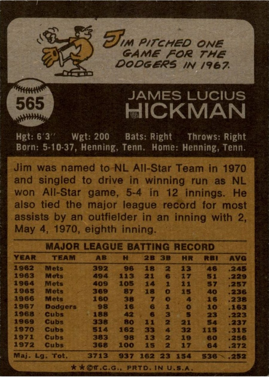 1973 Topps #565 Jim Hickman card back