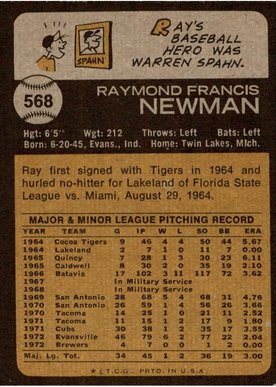 1973 Topps #568 Ray Newman card back
