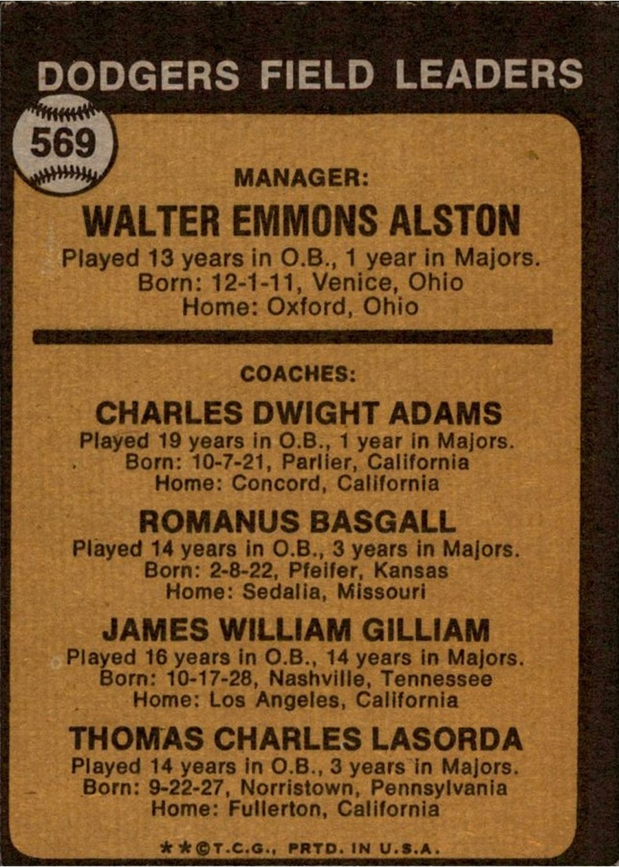1973 Topps #569 Dodgers Field Leaders card back