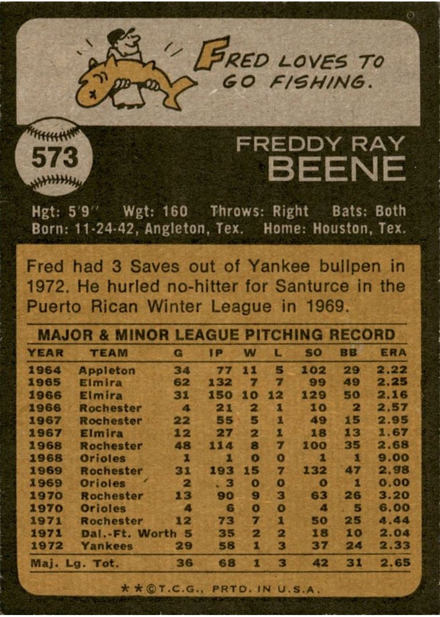 1973 Topps #573 Fred Beene card back