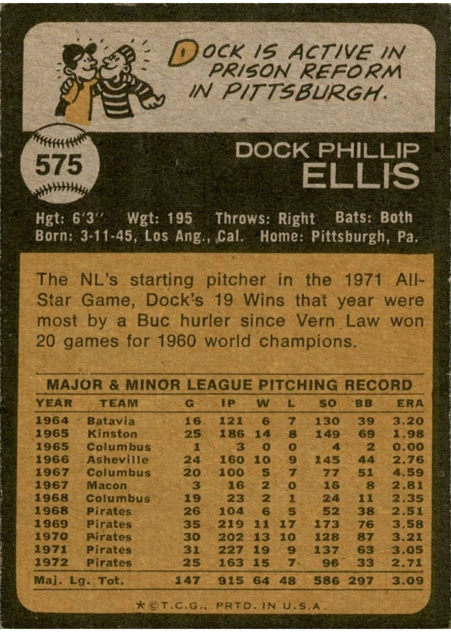 1973 Topps #575 Dock Ellis card back