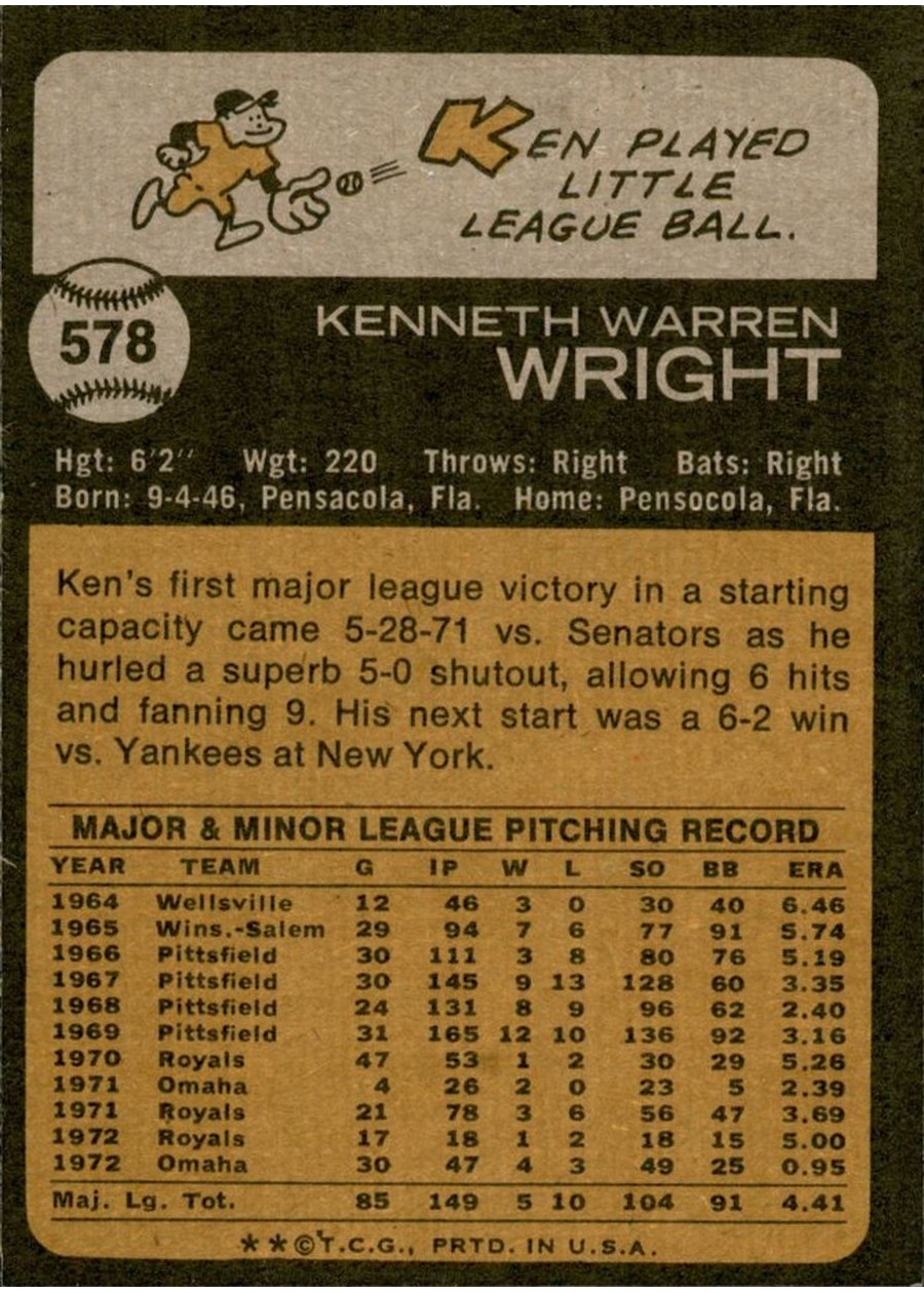 1973 Topps #578 Ken Wright card back