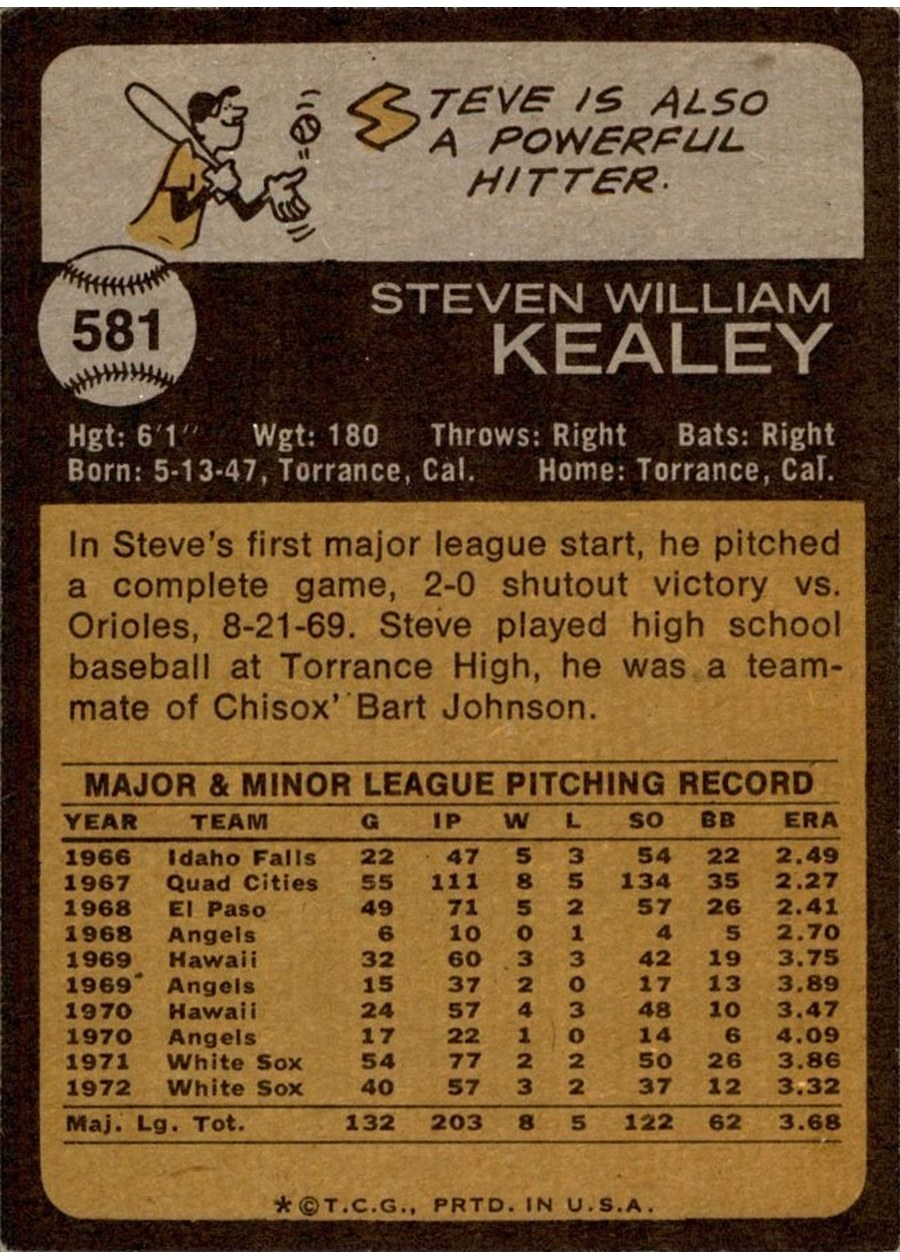 1973 Topps #581 Steve Kealey card back