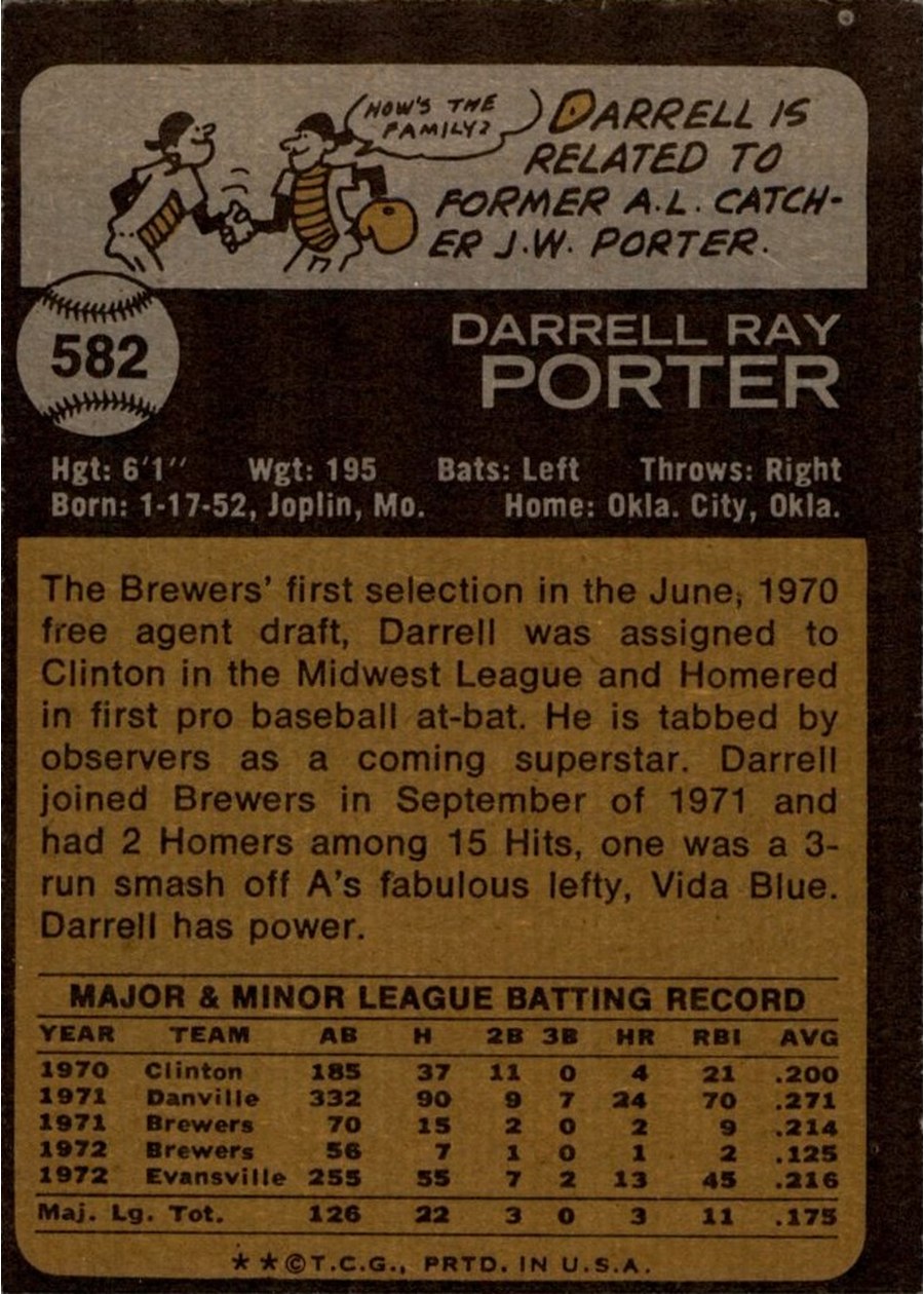 1973 Topps #582 Darrell Porter card back