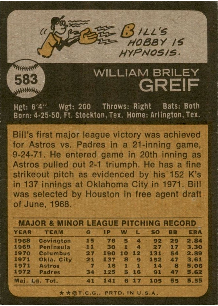 1973 Topps #583 Bill Greif card back