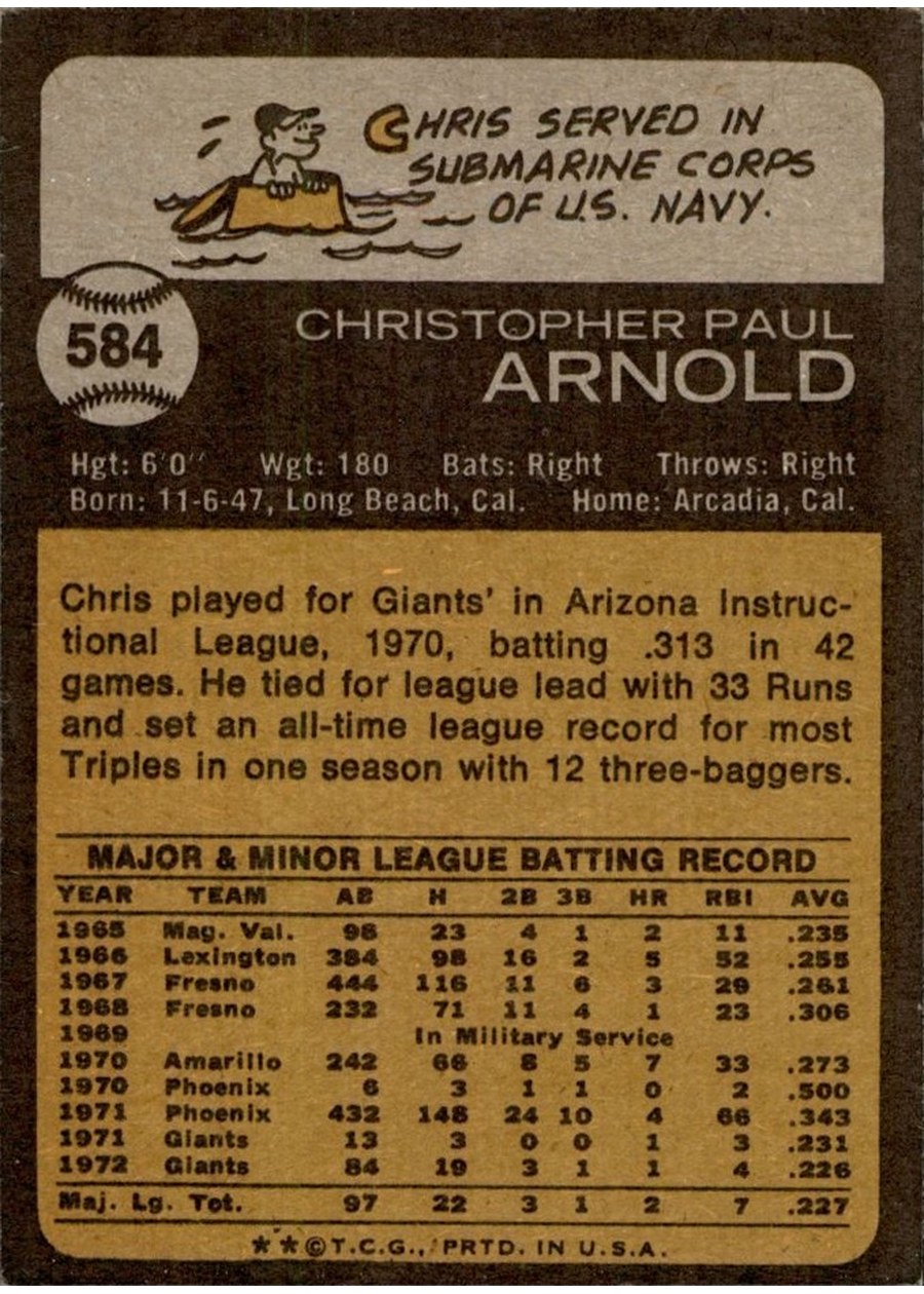 1973 Topps #584 Chris Arnold card back