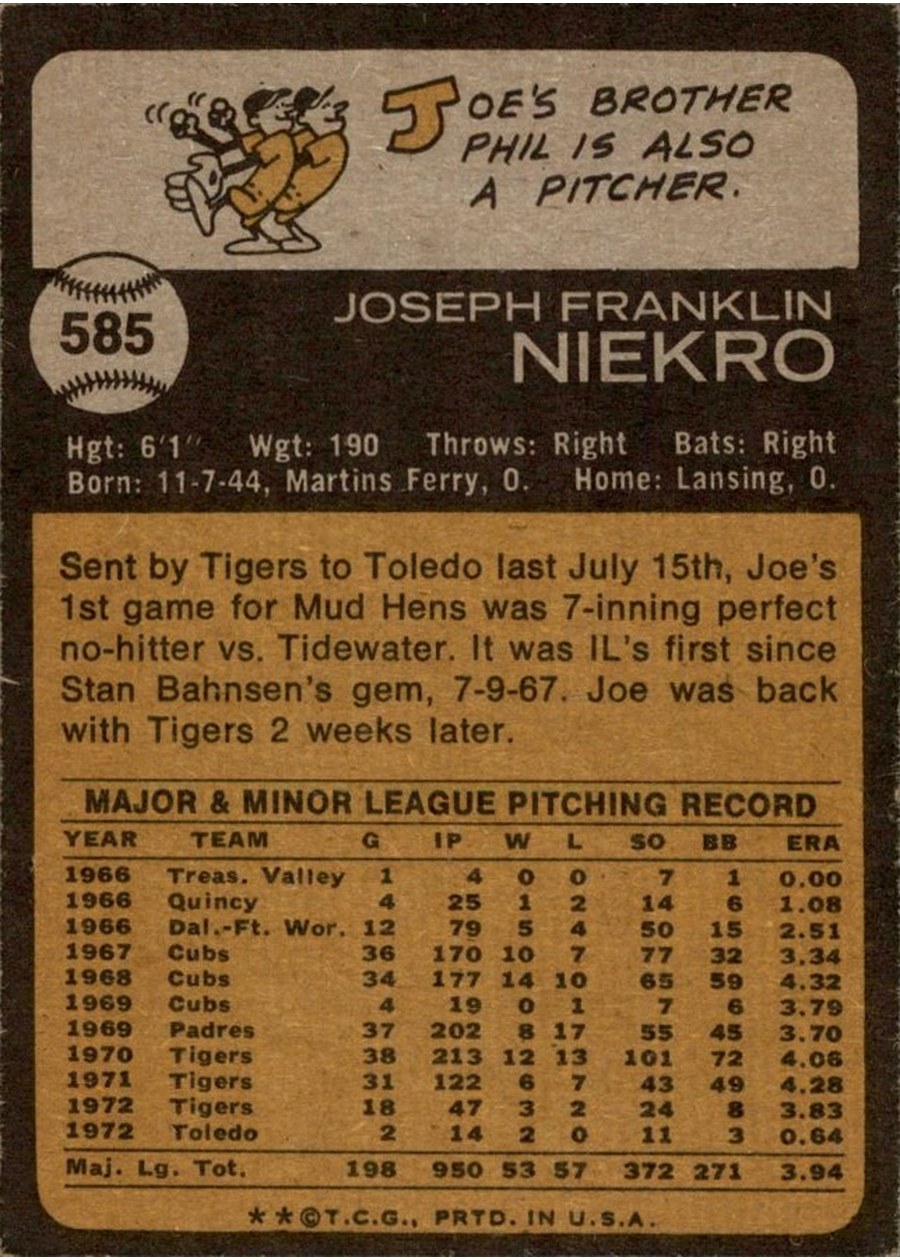 1973 Topps #585 Joe Niekro card back