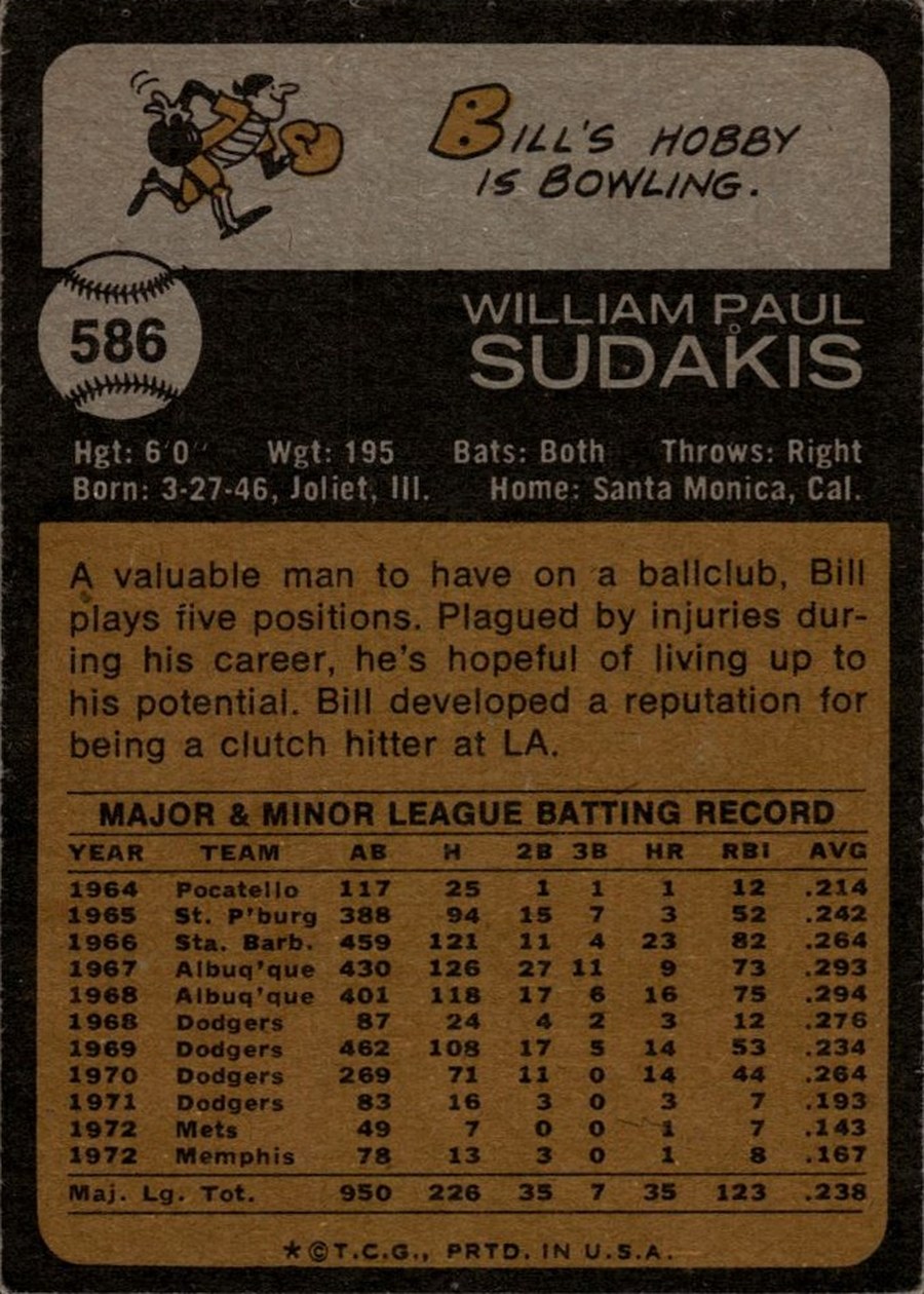1973 Topps #586 Bill Sudakis card back