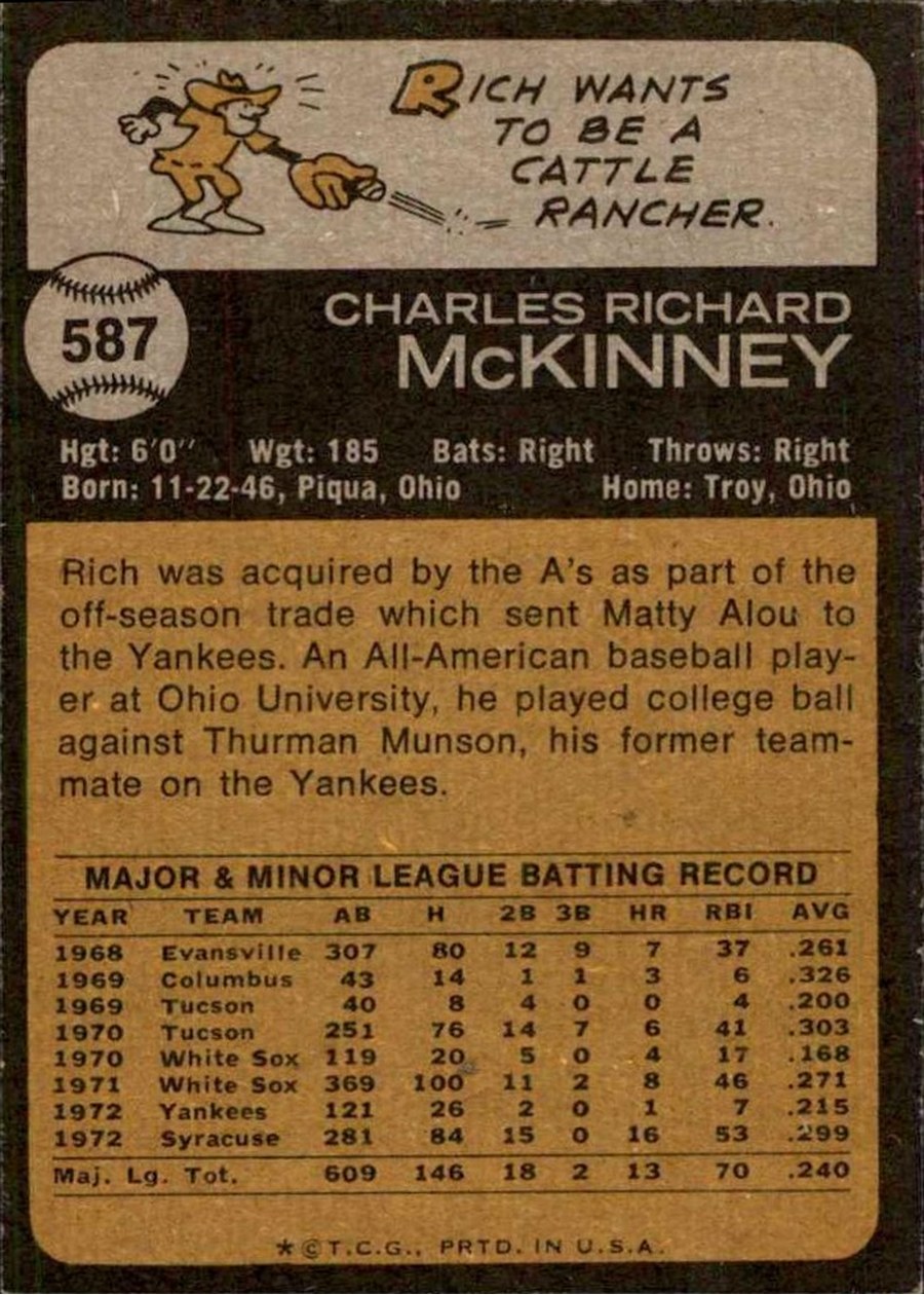 1973 Topps #587 Rich McKinney card back