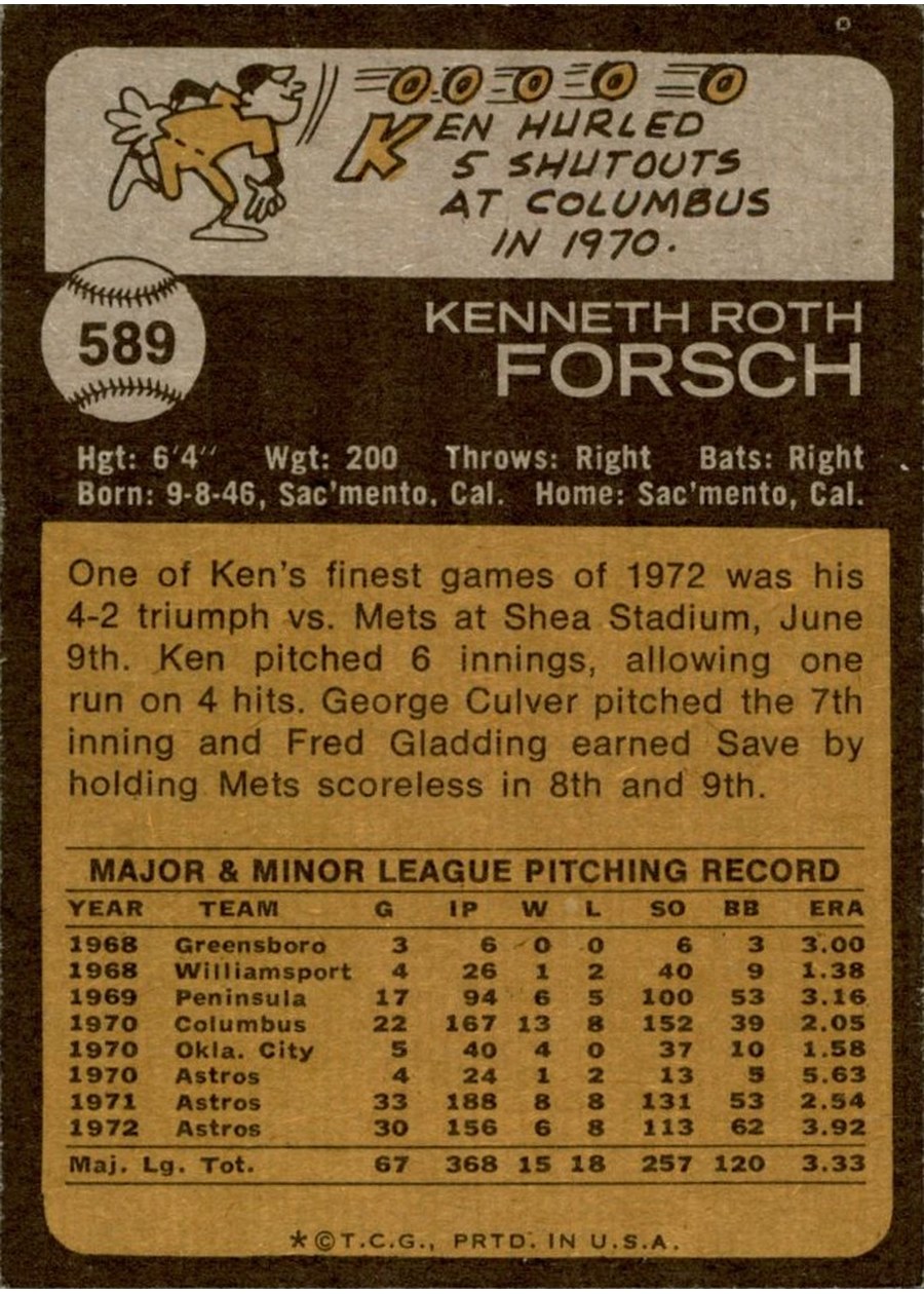 1973 Topps #589 Ken Forsch card back