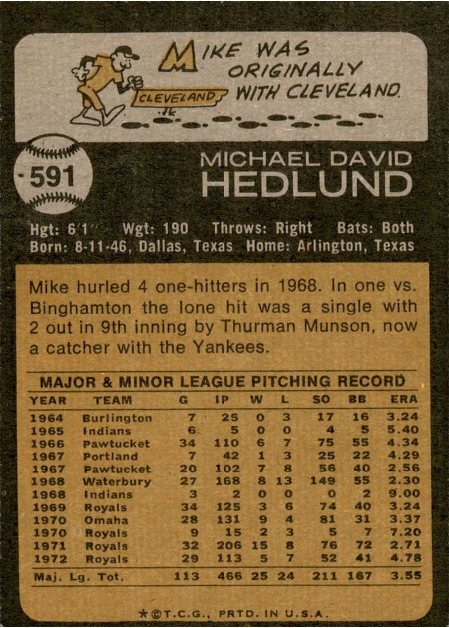 1973 Topps #591 Mike Hedlund card back