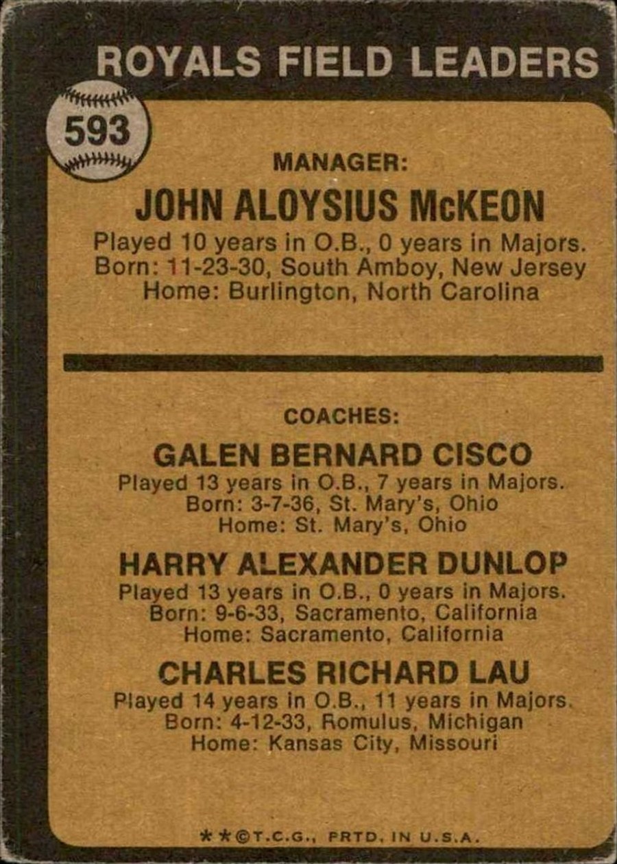 1973 Topps #593 Royals Field Leaders card back