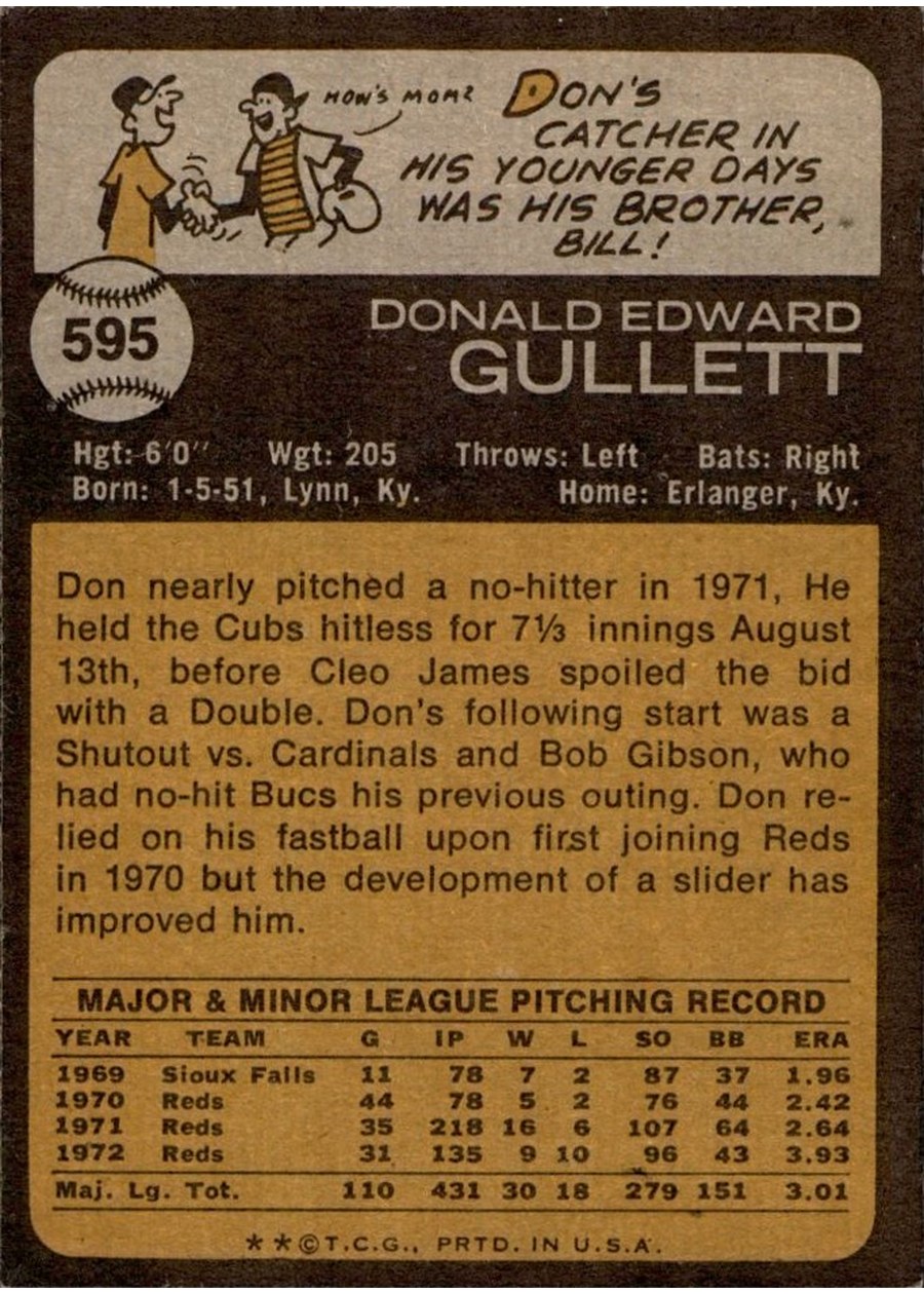 1973 Topps #595 Don Gullett card back