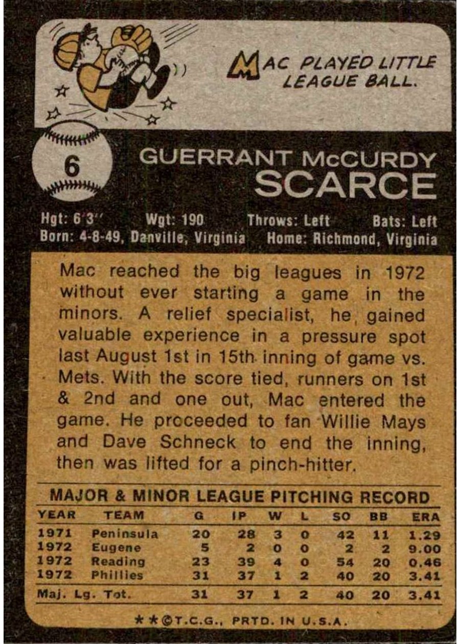 1973 Topps #6 Mac Scarce card back