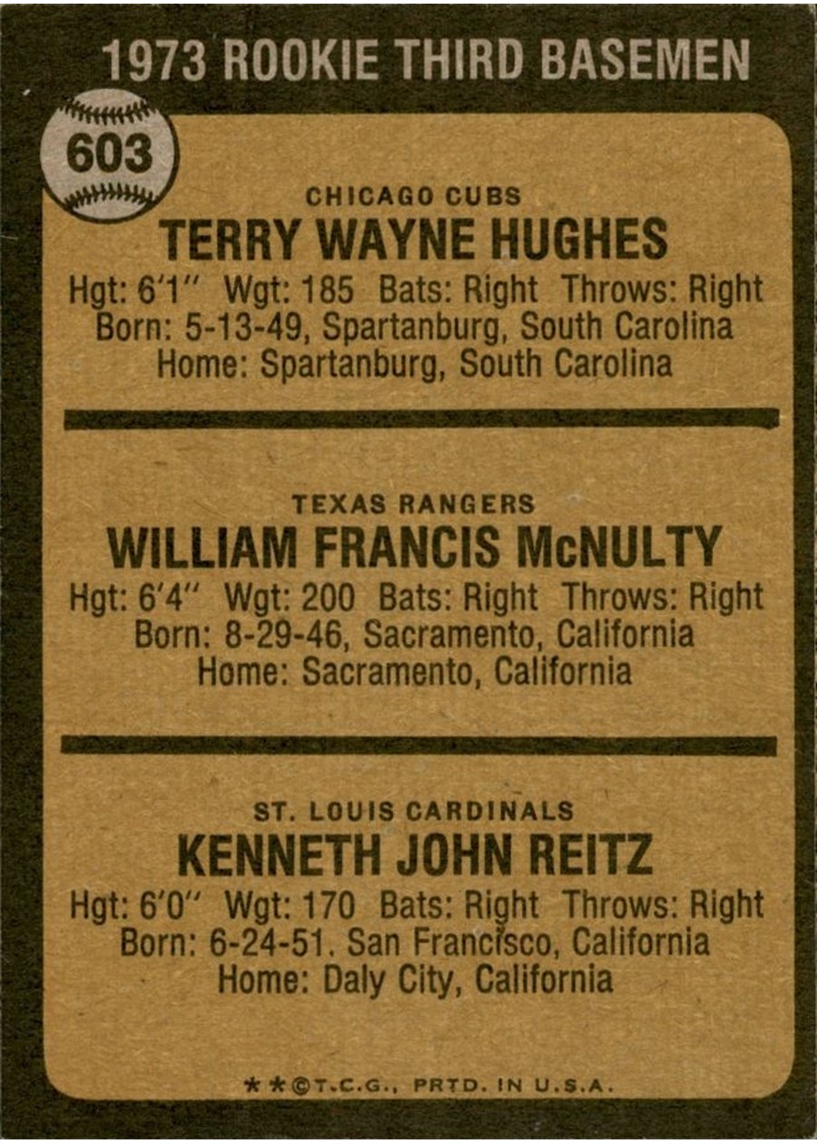 1973 Topps #603 1973 Rookie Third Basemen card back