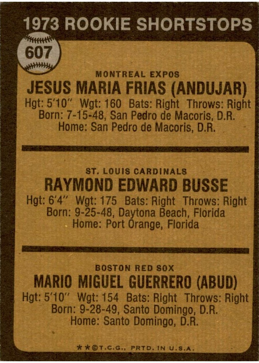 1973 Topps #607 1973 Rookie Shortstops card back
