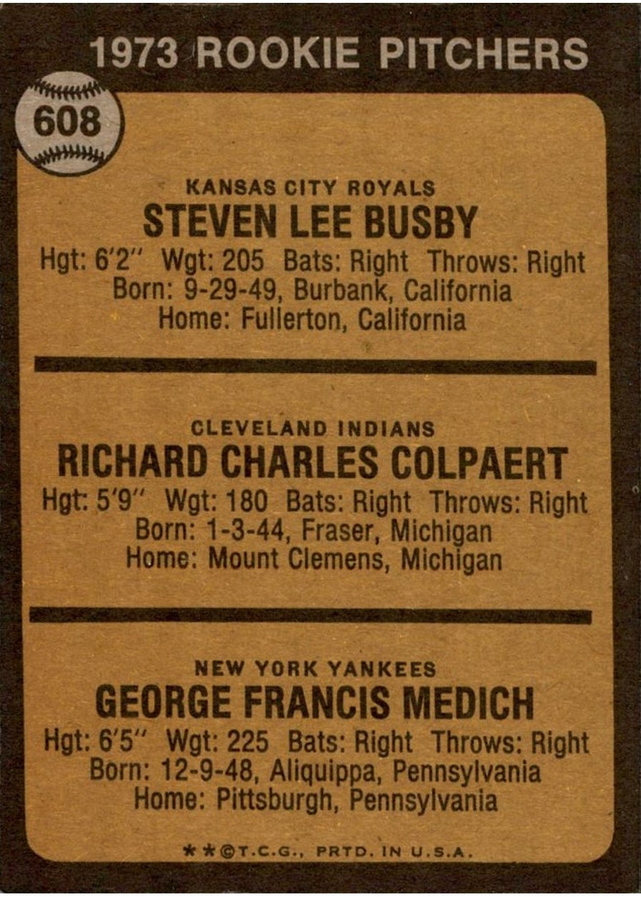 1973 Topps #608 1973 Rookie Pitchers card back