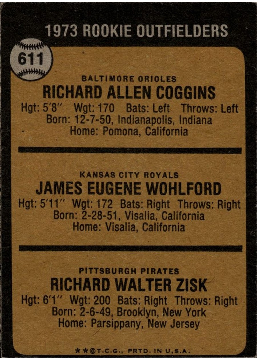 1973 Topps #611 1973 Rookie Outfielders card back