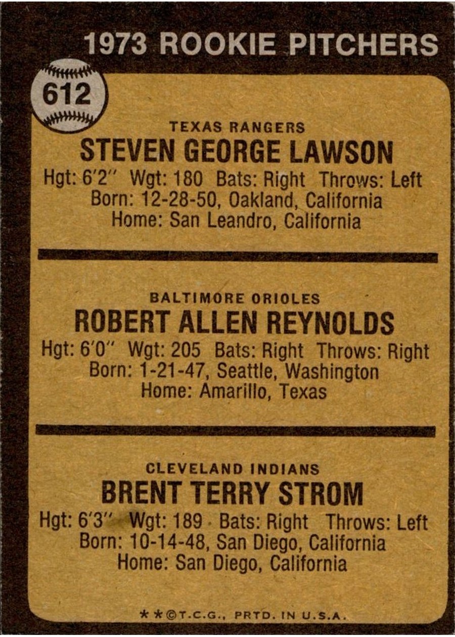 1973 Topps #612 1973 Rookie Pitchers card back