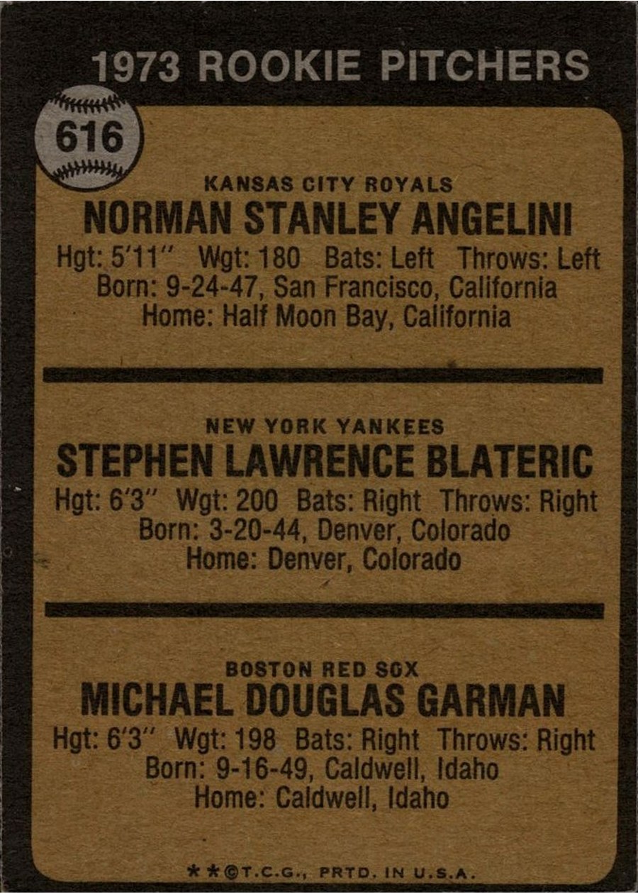 1973 Topps #616 1973 Rookie Pitchers card back
