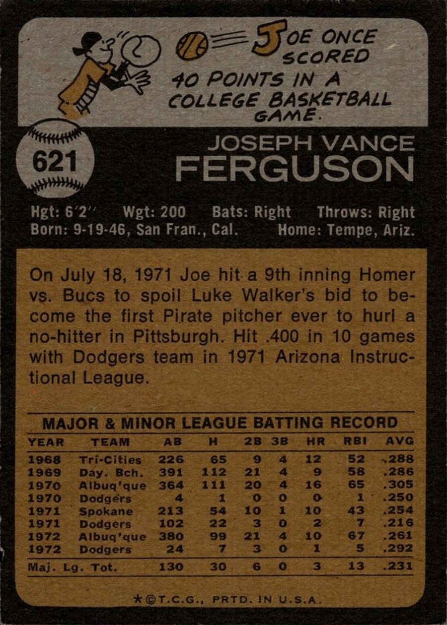1973 Topps #621 Joe Ferguson card back
