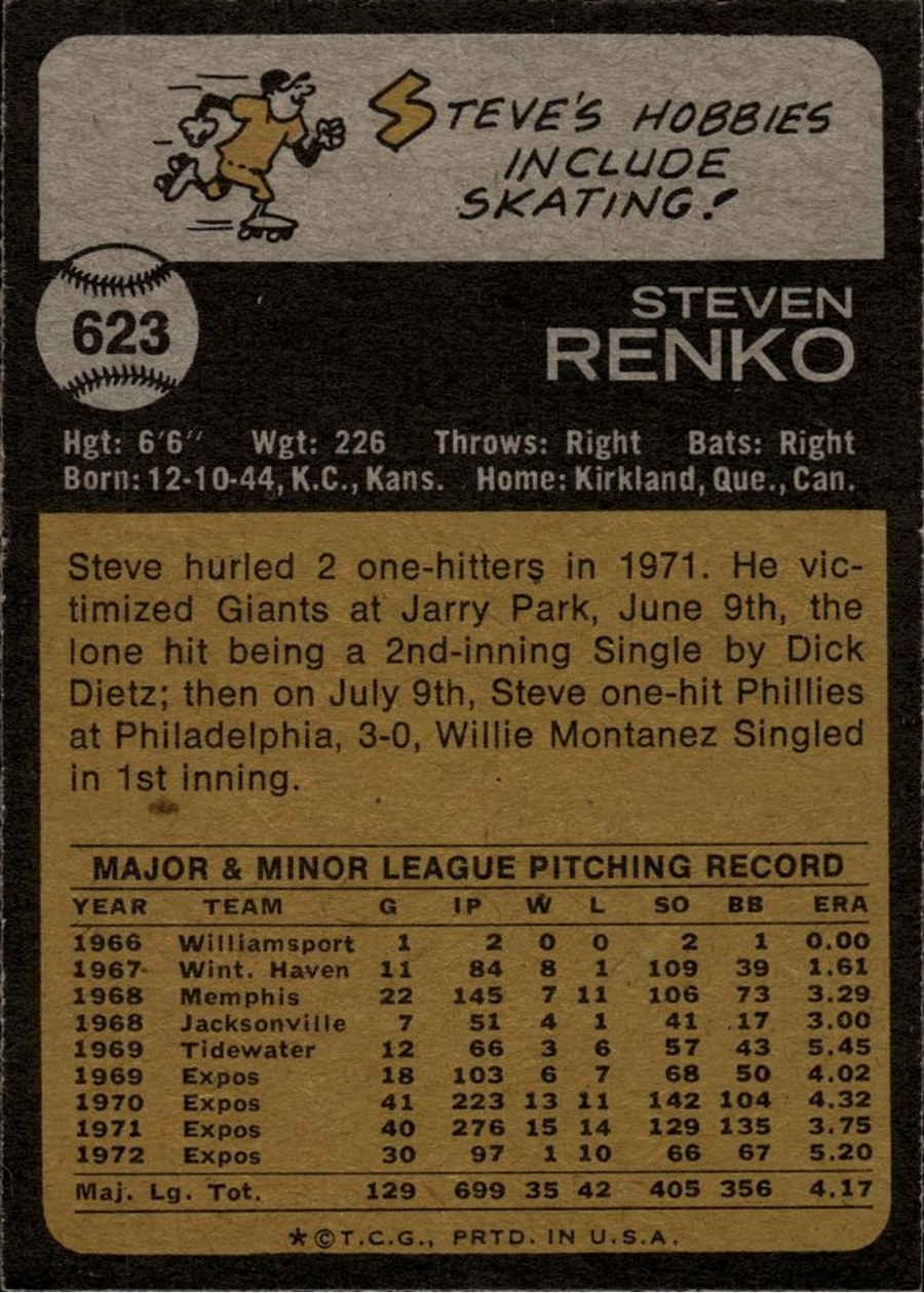 1973 Topps #623 Steve Renko card back